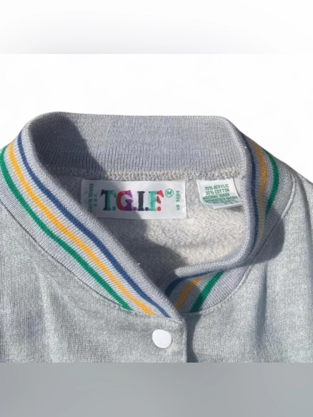 Preppy Vintage Varsity Jacket Heather Gray with Green, Yellow, and Blue Stripes